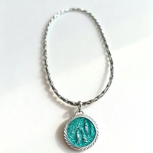 Silver Chain Necklace with Teal Devotional Medal Pendant